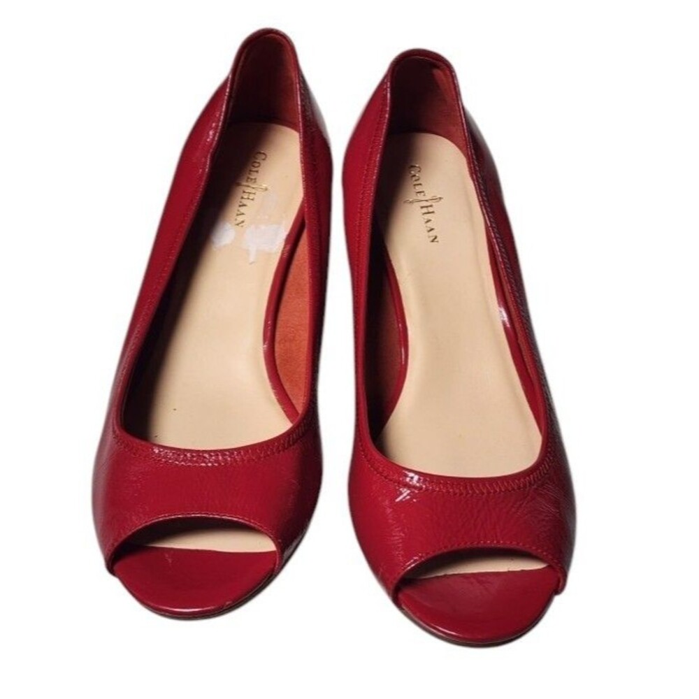 Cole Haan Red Patent Leather Peep Toe Wedges Size 8.5B Comfort - Picture 2 of 10